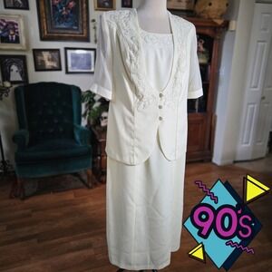 Vintage 90s Aviance Ivory Beaded Neckline Sheath Dress Suit Skirt Set Women